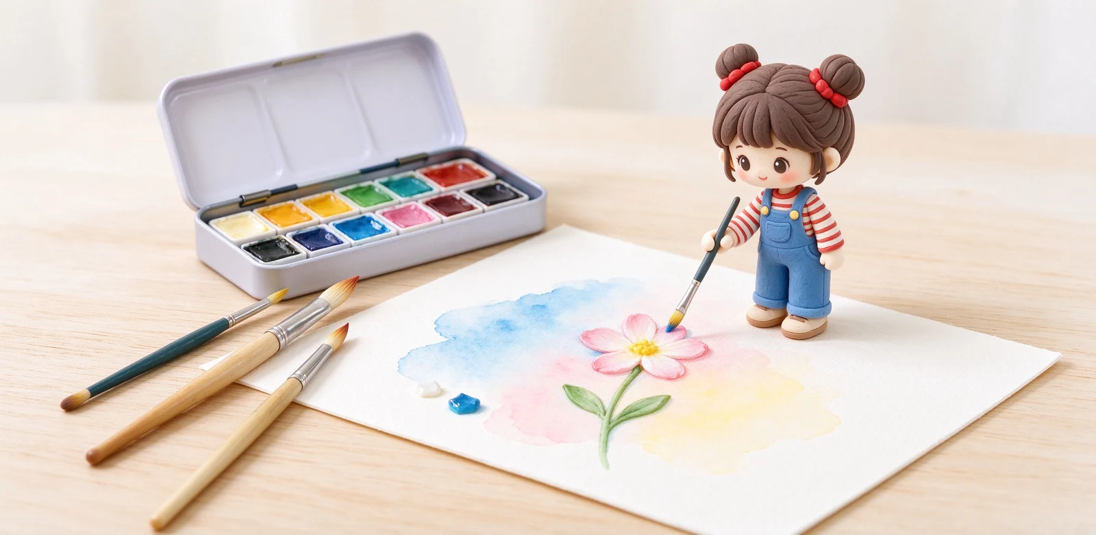 三種水彩紙紋理比較插畫:粗目有明顯顆粒凹凸、中目冷壓紋理適中、細目熱壓表面平滑,各畫一道水彩筆跡。
