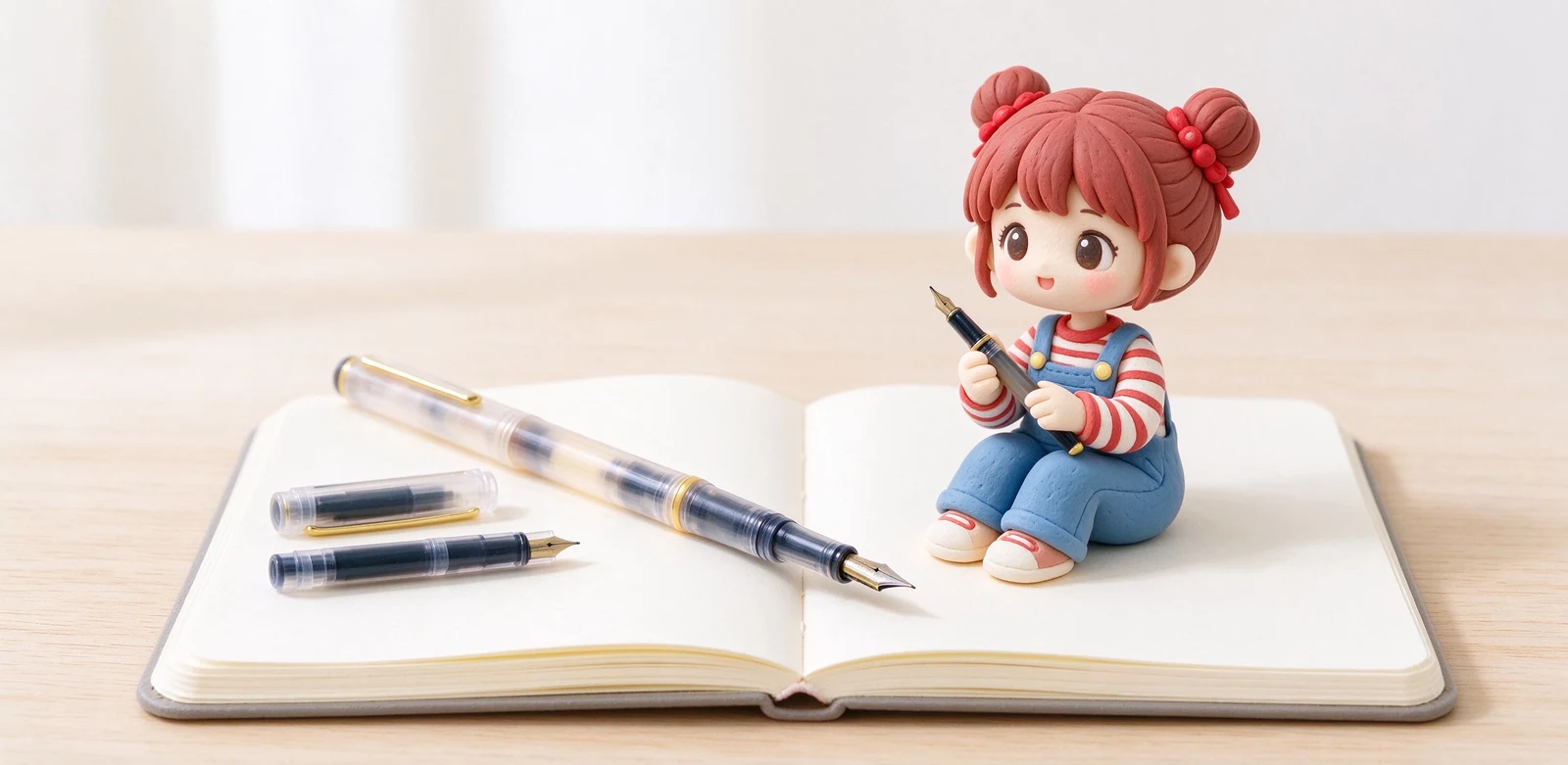 鋼筆結構分解示意插畫，標示出金屬筆尖、中央筆縫、換氣小孔、筆舌鰭片、筆桿與卡式墨水管位置。