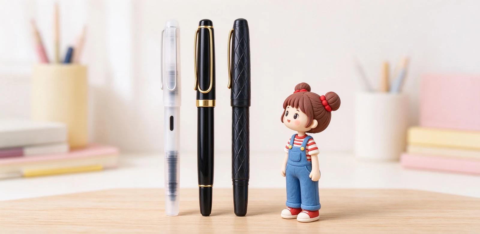 LAMY safari 塑膠款與 AL-star 鋁合金款比較插畫，左邊輕盈繽紛的塑膠筆，右邊霧面金屬殼的鋁合金筆。