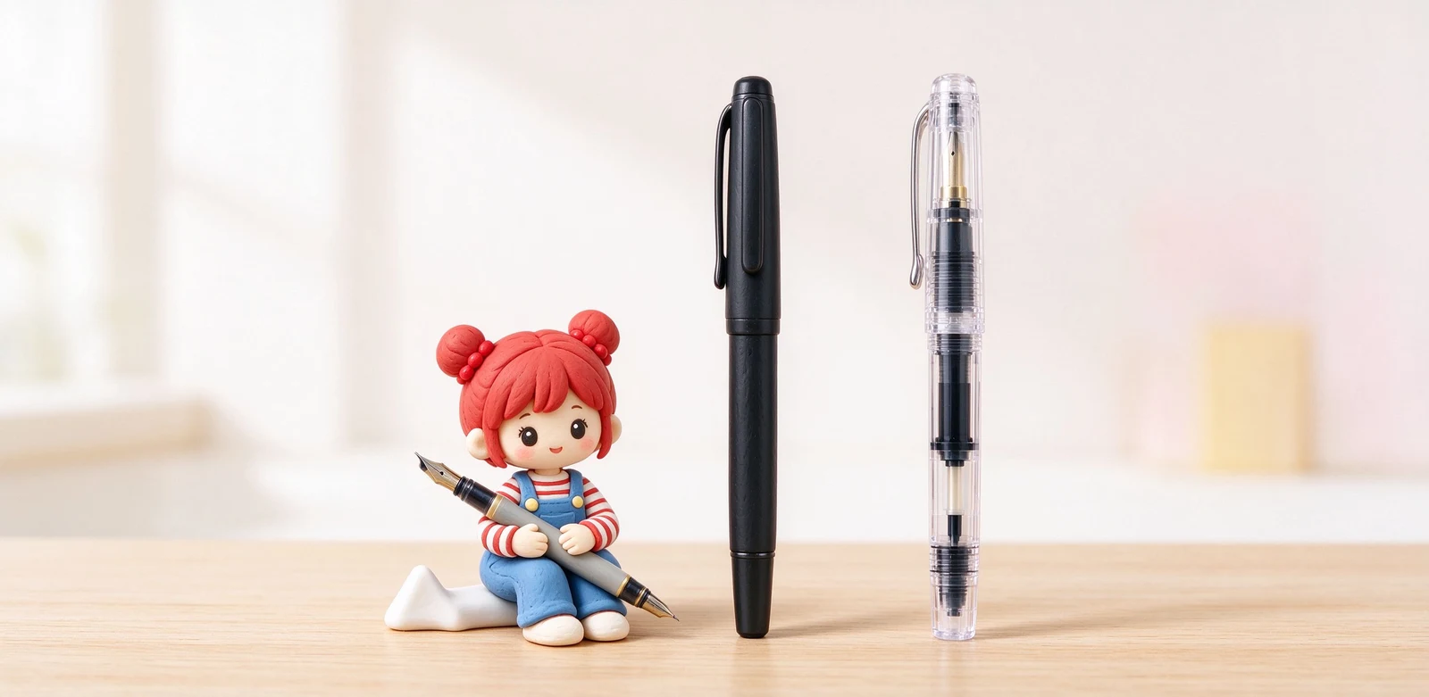 百樂入門款 Kakuno 與旗艦 Custom 823 的比較插畫,左邊小巧輕盈的卡水筆,右邊透明示範桿的真空上墨大筆。