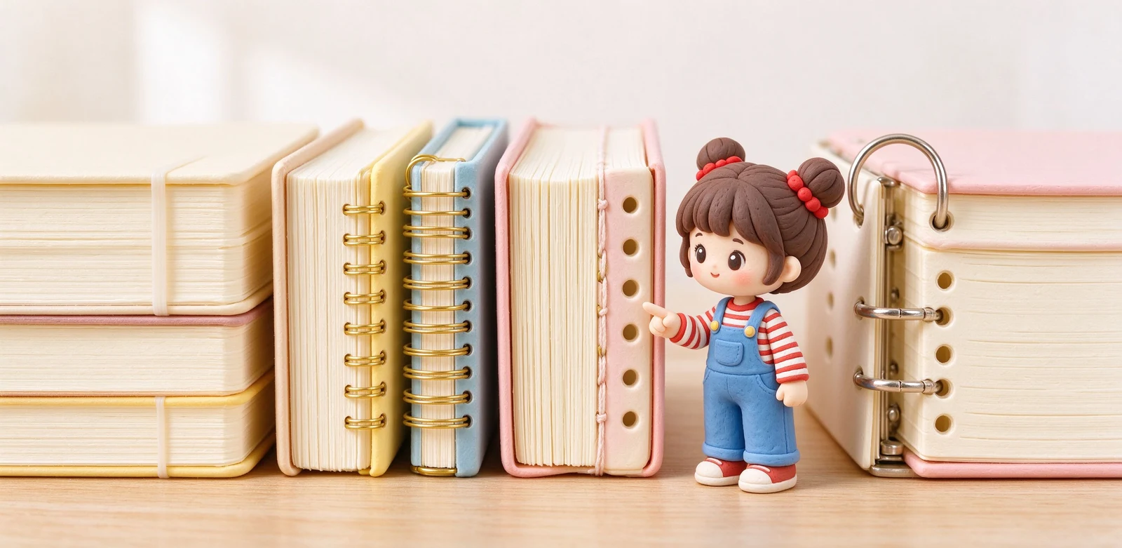 五種筆記本裝訂方式流程插畫，由騎馬釘、膠裝、線圈、穿線到活頁，標示各自如何把紙張固定成一本。
