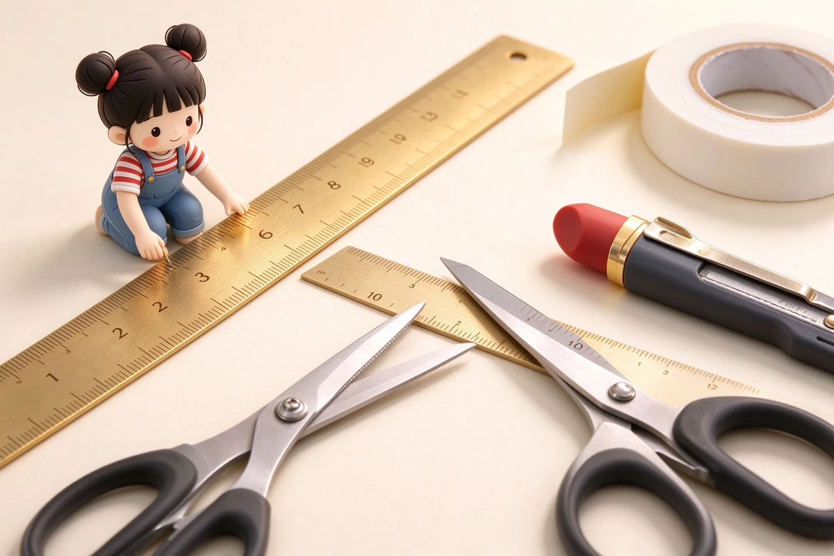 扁平風插畫：四種黏貼工具並排——口紅膠條、一瓶雙頭液態膠水、一捲雙面膠帶、一支筆型點點膠，背景是貼了貼紙的手帳頁。