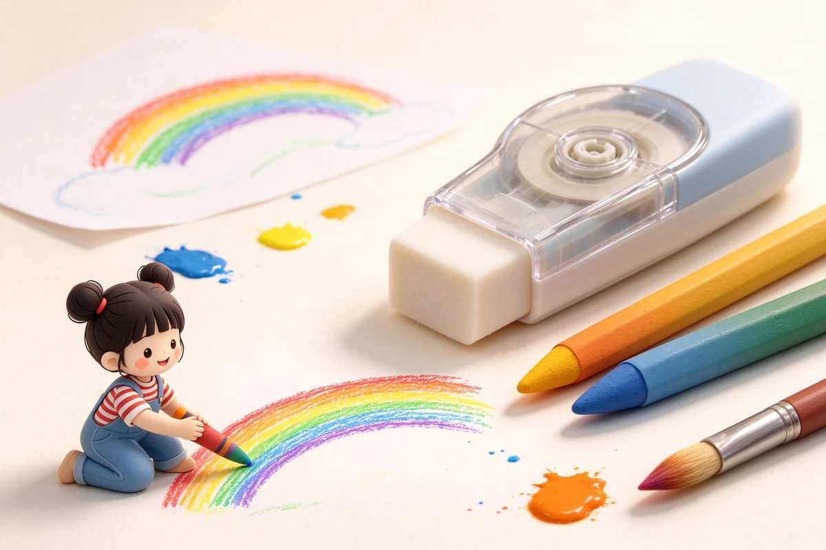 修正繪畫與兒童主題主視覺，以3D微縮黏土風格呈現Correction & Art相關文具，含此分類代表性書寫工具與紙張，乾淨明亮的白話圖鑑風格