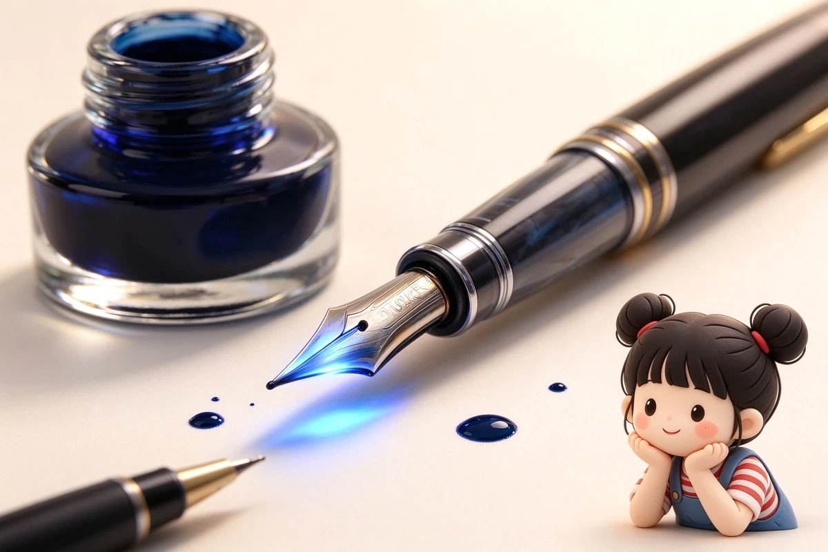 鋼筆學院主題主視覺，以3D微縮黏土風格呈現Fountain Pens相關文具，含此分類代表性書寫工具與紙張，乾淨明亮的白話圖鑑風格