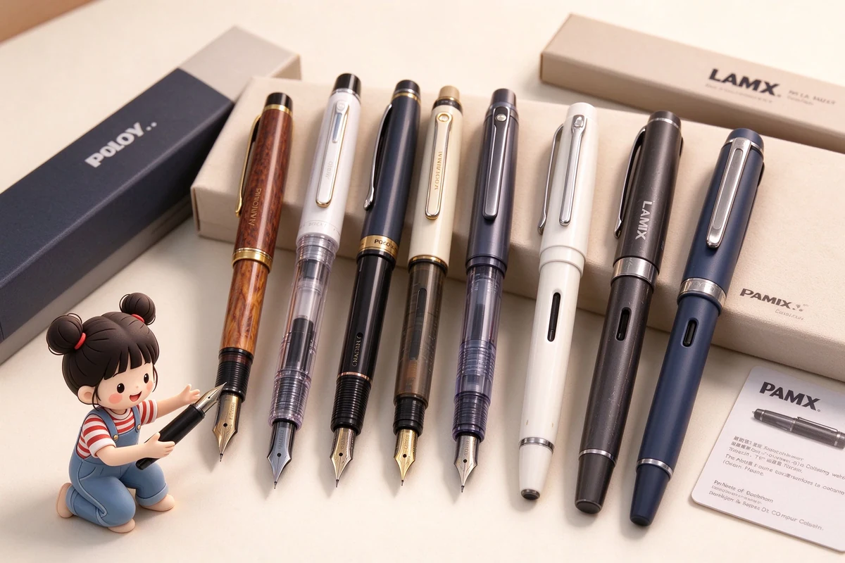 扁平風插畫：三支歐美鋼筆並排——左邊亮彩色塑膠的 LAMY safari、中間黑色經典造型的派克、右邊黑樹菱刻紋的輝柏嘉 Ambition，下方標出品牌與特色。