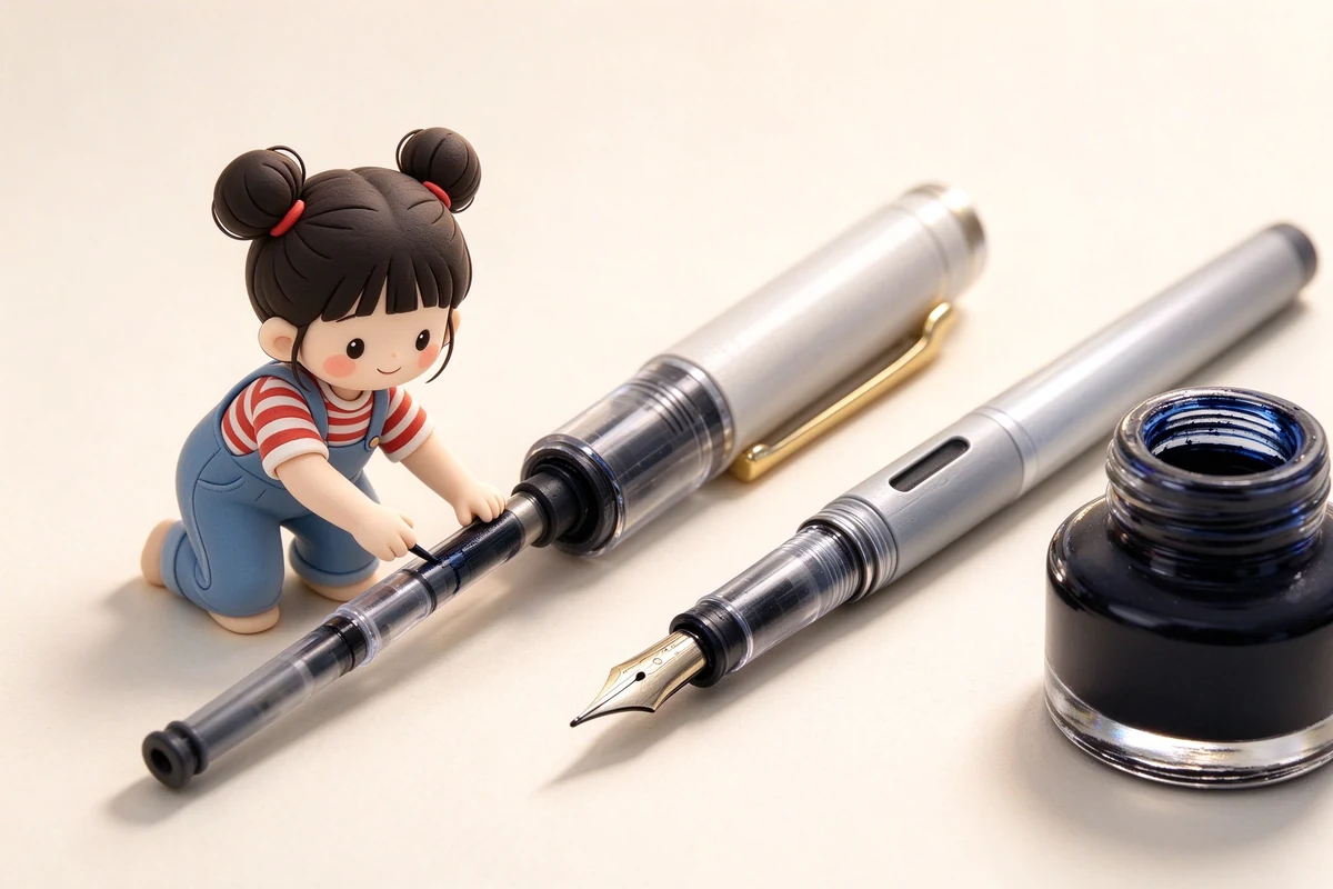扁平風插畫：四款不同上墨機制的鋼筆筆尾剖面，由左到右是卡式墨水管、旋轉吸墨器、活塞轉鈕、真空按壓，下方各畫一瓶墨水。