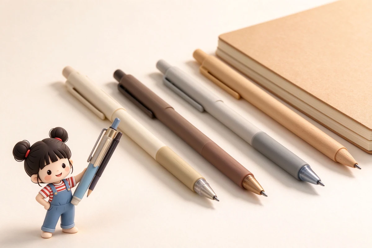 扁平風插畫：四個日本文具品牌的經典商品並排，分別標 PILOT、KOKUYO、uni、ZEBRA，背景畫出明治時代的東京街景。