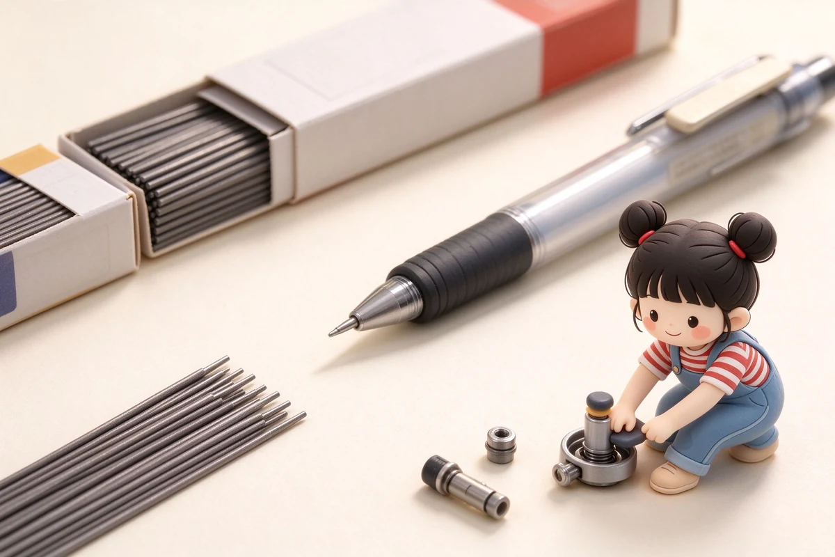 扁平風插畫：一排不同硬度的筆芯由左到右排列，從 2H、HB、B、2B 到 4B，下方畫出由淺灰到深黑的漸層筆跡。