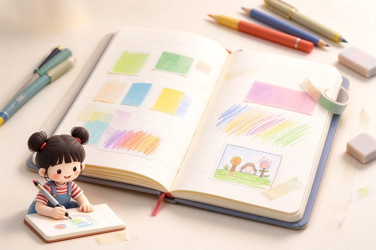 筆記手帳與紙張主題主視覺，以3D微縮黏土風格呈現Notebooks & Paper相關文具，含此分類代表性書寫工具與紙張，乾淨明亮的白話圖鑑風格