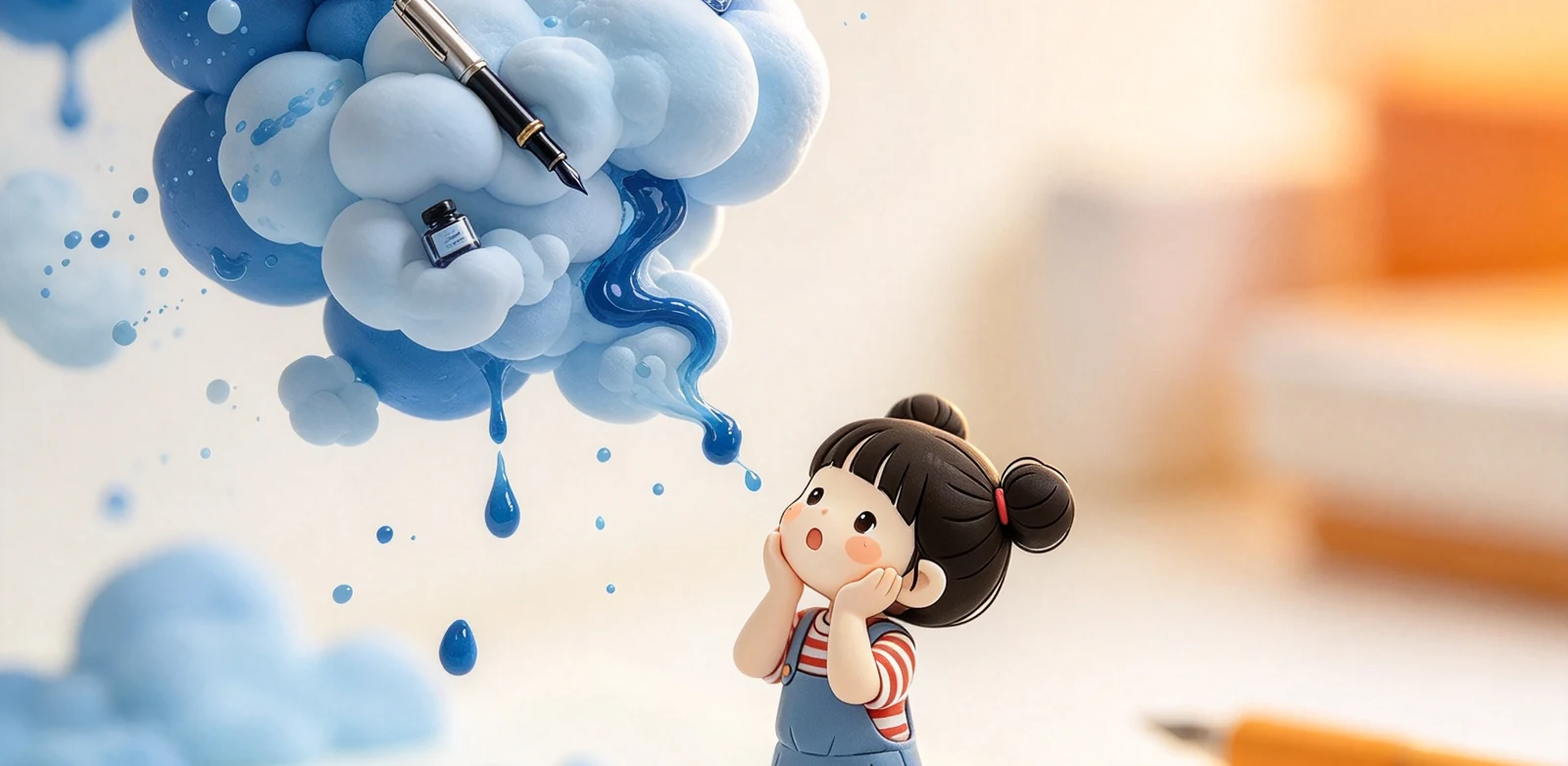 滿版黏土場景：Penlulu 雙丸子小女孩站在筆記本上仰望墨水雲朵，雲朵嵌著鋼筆與墨水瓶，藍色墨水流淌成墨滴
